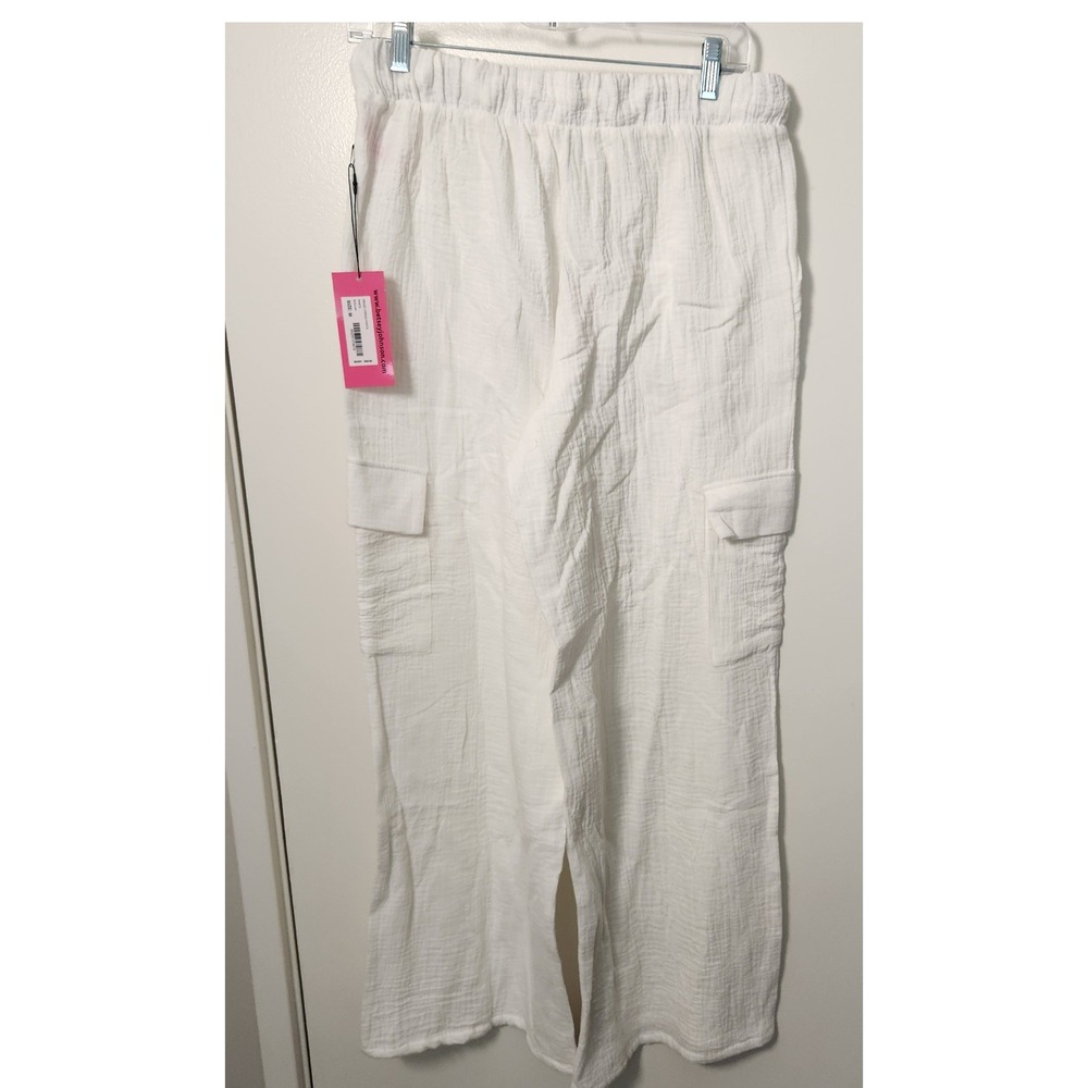 NWT Betsey Johnson Gauze Cargo Pants Med White Drawstring‎ Elastic Waist Cotton